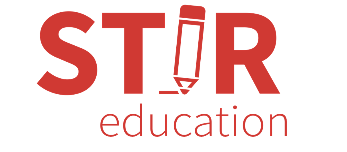 STIR education logo showing the red big and bold writing ‘STIR’ on top of the smaller red writing ‘education’ on a white background. The ‘I’ in ‘STIR’ is represented as a pencil which is writing.